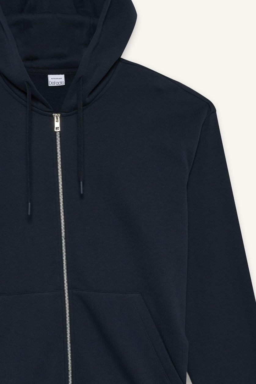 Erkek Lacivert Comfort Fit Kapüşonlu İçi Yumuşak Tüylü Basic Düz Cepli Kalın Fermuarlı Sweatshirt