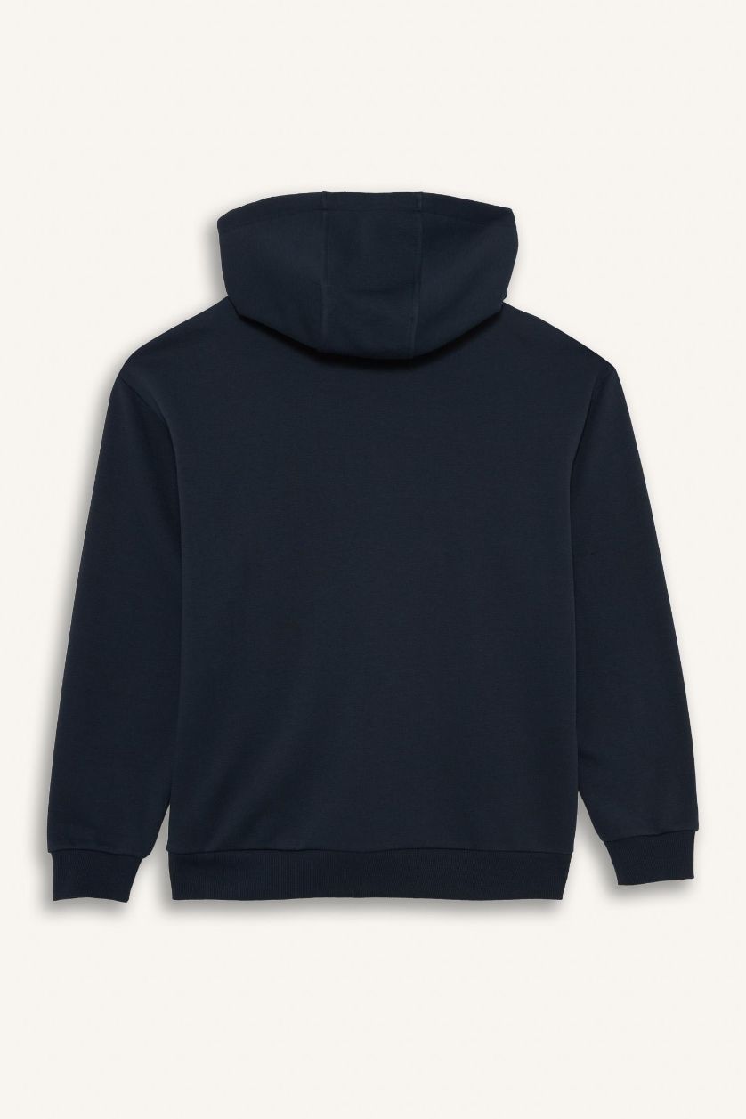 Erkek Lacivert Comfort Fit Kapüşonlu İçi Yumuşak Tüylü Basic Düz Cepli Kalın Fermuarlı Sweatshirt