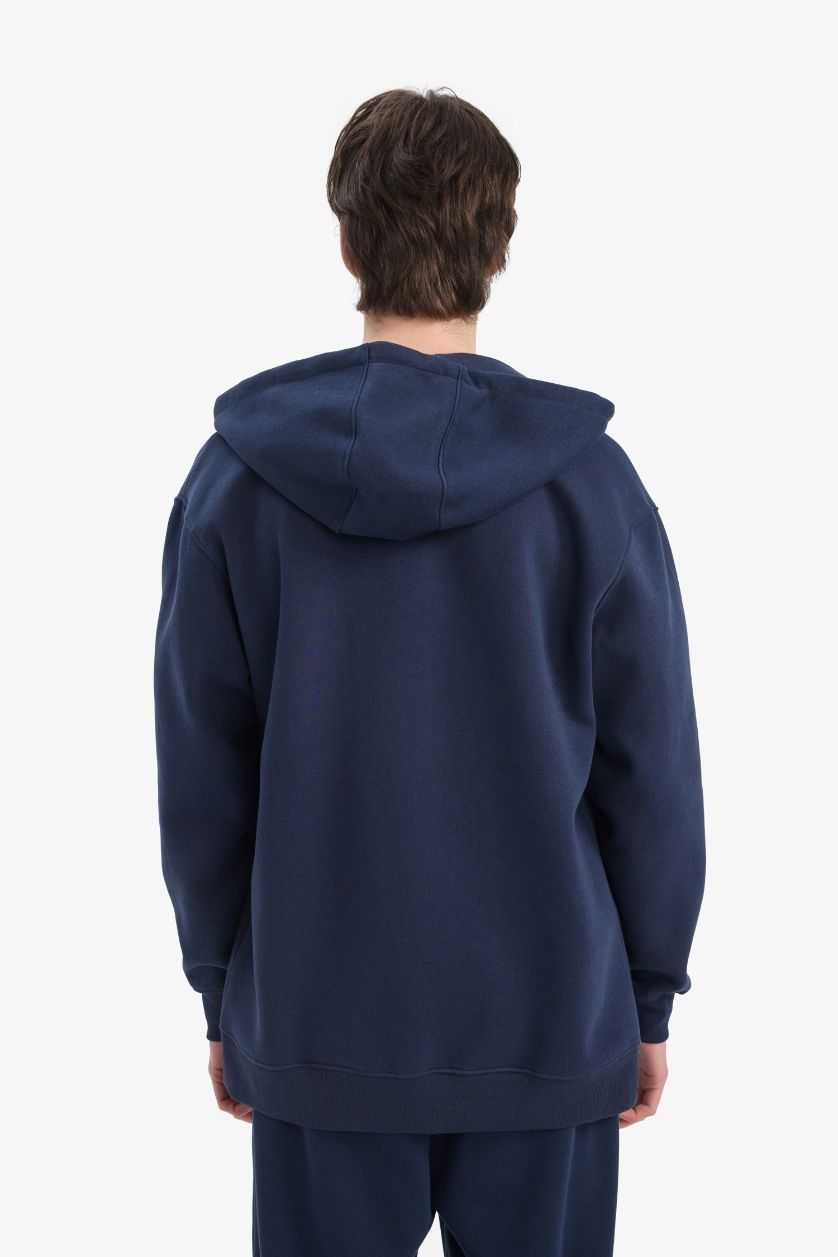 Erkek Lacivert Comfort Fit Kapüşonlu İçi Yumuşak Tüylü Basic Düz Kalın Fermuarlı Sweatshirt
