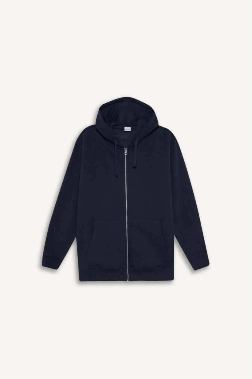 Erkek Lacivert Comfort Fit Kapüşonlu İçi Yumuşak Tüylü Basic Düz Kalın Fermuarlı Sweatshirt