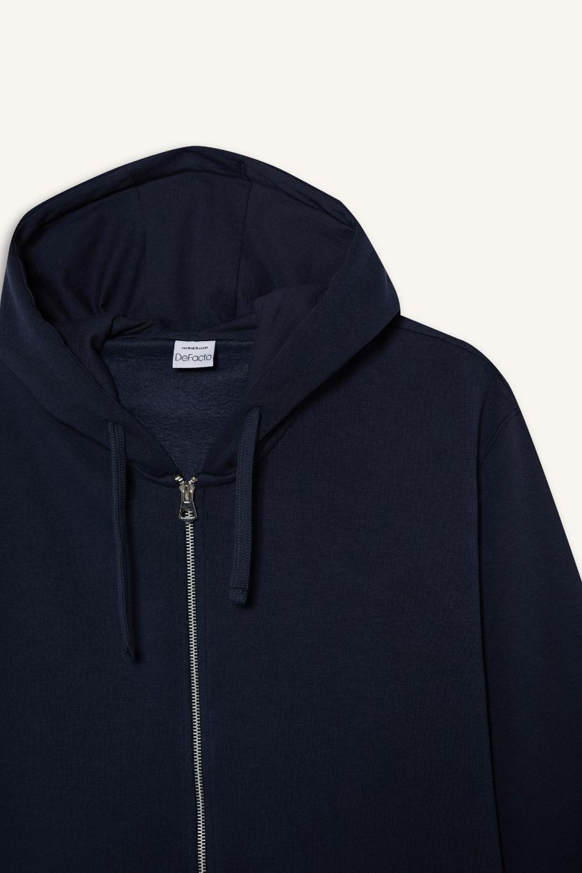 Erkek Lacivert Comfort Fit Kapüşonlu İçi Yumuşak Tüylü Basic Düz Kalın Fermuarlı Sweatshirt