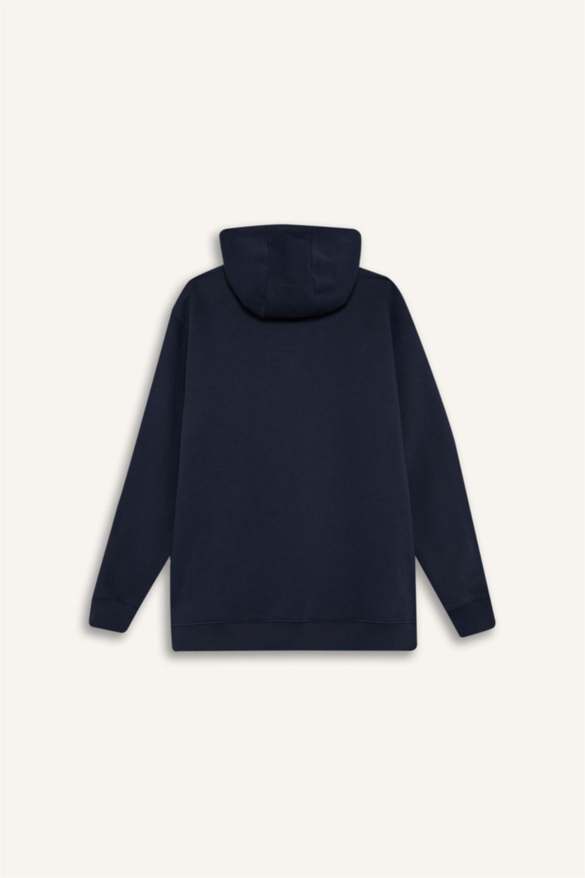 Erkek Lacivert Comfort Fit Kapüşonlu İçi Yumuşak Tüylü Basic Düz Kalın Fermuarlı Sweatshirt
