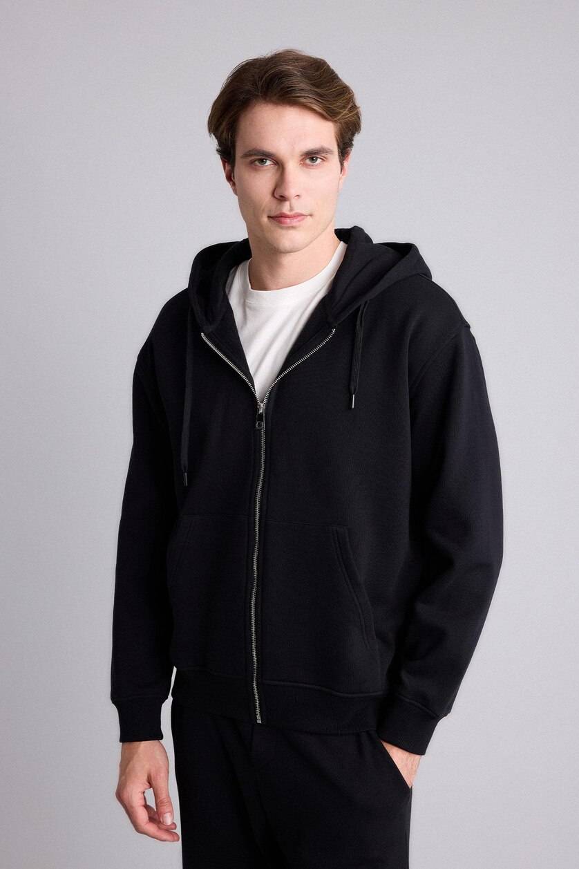 Erkek Siyah Relax Fıt Kapüşonlu İçi Yumuşak Tüylü Kalın Kumaş Fermuarlı Sweatshirt