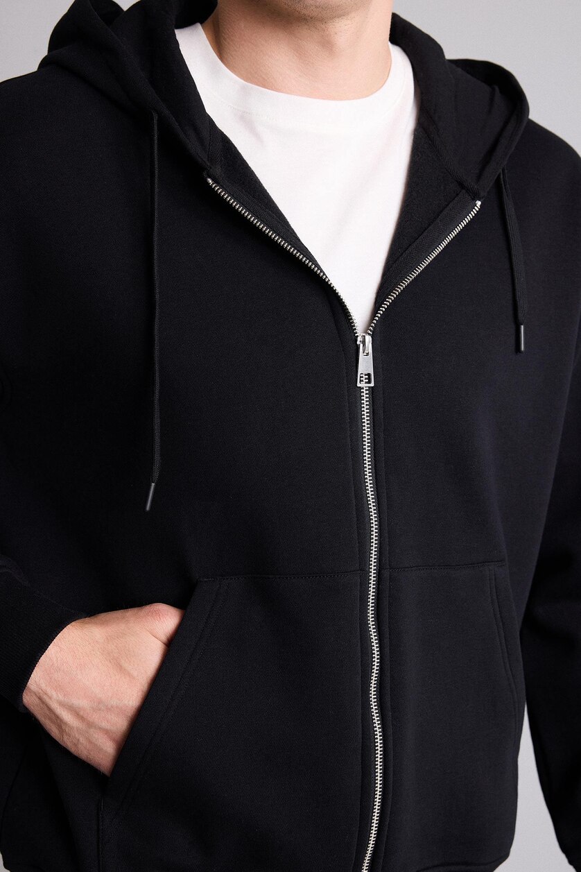 Erkek Siyah Relax Fıt Kapüşonlu İçi Yumuşak Tüylü Kalın Kumaş Fermuarlı Sweatshirt