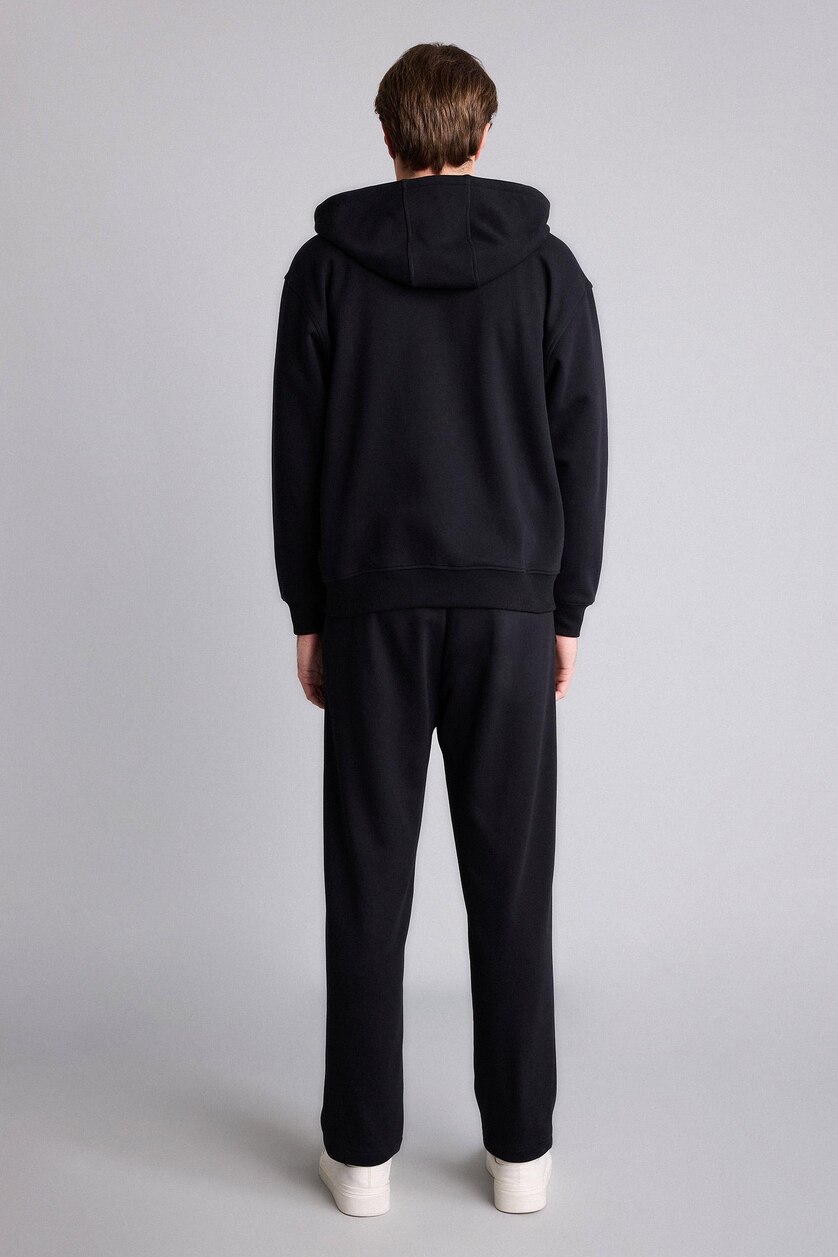 Erkek Siyah Relax Fıt Kapüşonlu İçi Yumuşak Tüylü Kalın Kumaş Fermuarlı Sweatshirt