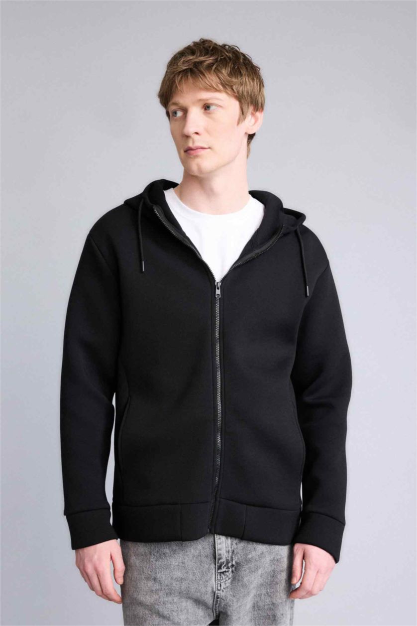 رجال أسود جاكيت رياضي قصة مريحة بغطاء للرأس وبطانة ناعمة