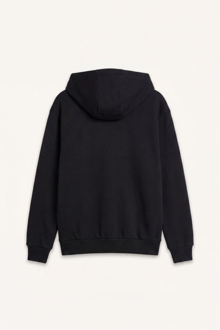 Man Black Relax Fit Soft Fleece Lined Thick Fabric Hoodie