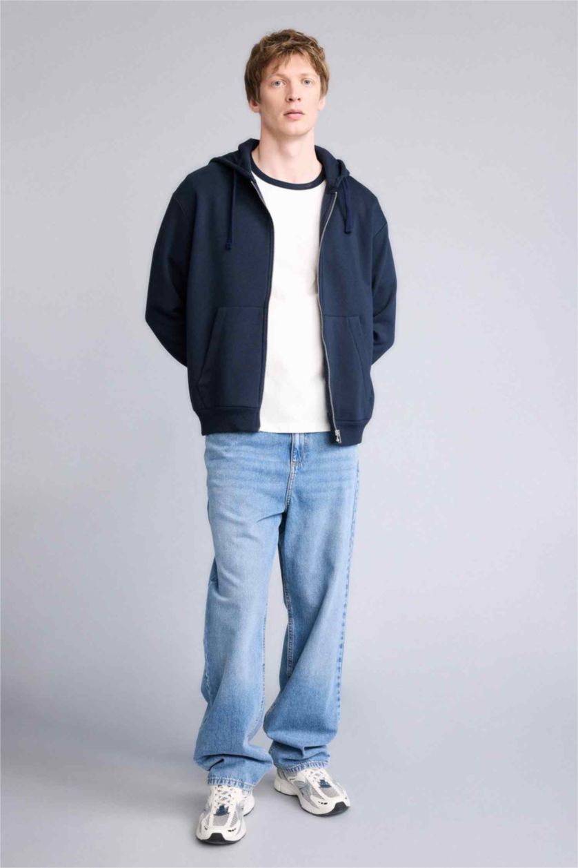 Man NAVY Relax Fit Hooded Thick Sweatshirt Fabric Soft Hairy Inside Cardigan