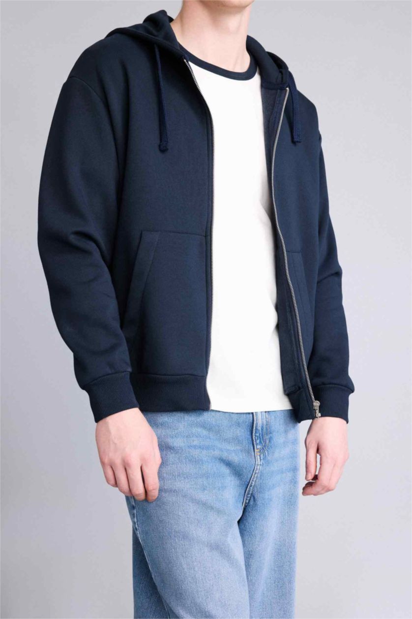 Man NAVY Relax Fit Hooded Thick Sweatshirt Fabric Soft Hairy Inside Cardigan