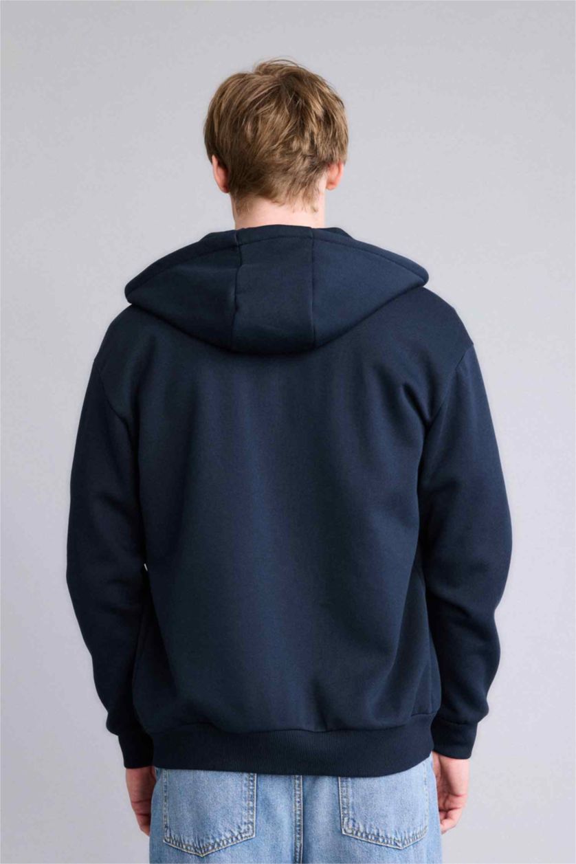 Man NAVY Relax Fit Hooded Thick Sweatshirt Fabric Soft Hairy Inside Cardigan