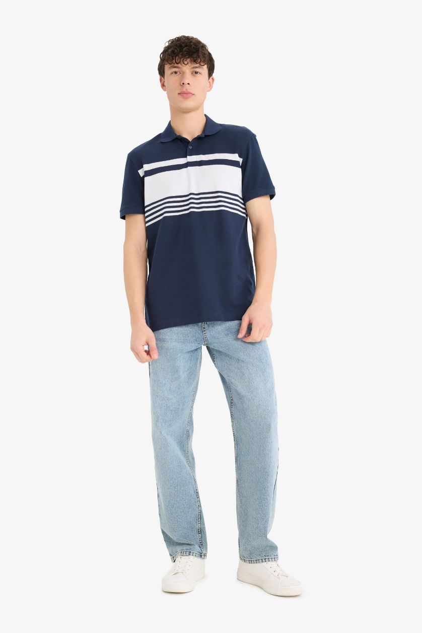 Erkek Lacivert %100 Pamuk Regular Fit Polo Yaka Kısa Kollu Çizgili Tişört