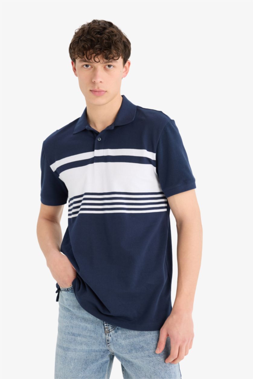 Erkek Lacivert %100 Pamuk Regular Fit Polo Yaka Kısa Kollu Çizgili Tişört