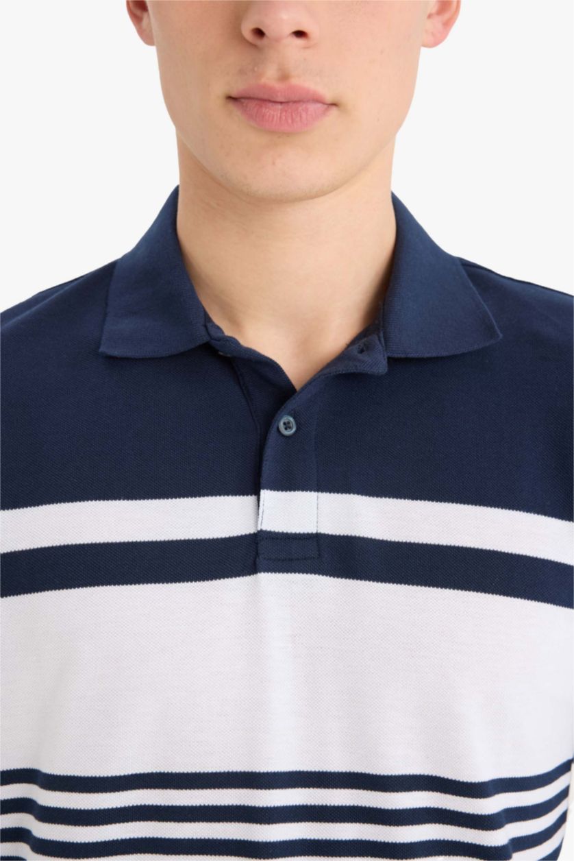 Erkek Lacivert %100 Pamuk Regular Fit Polo Yaka Kısa Kollu Çizgili Tişört