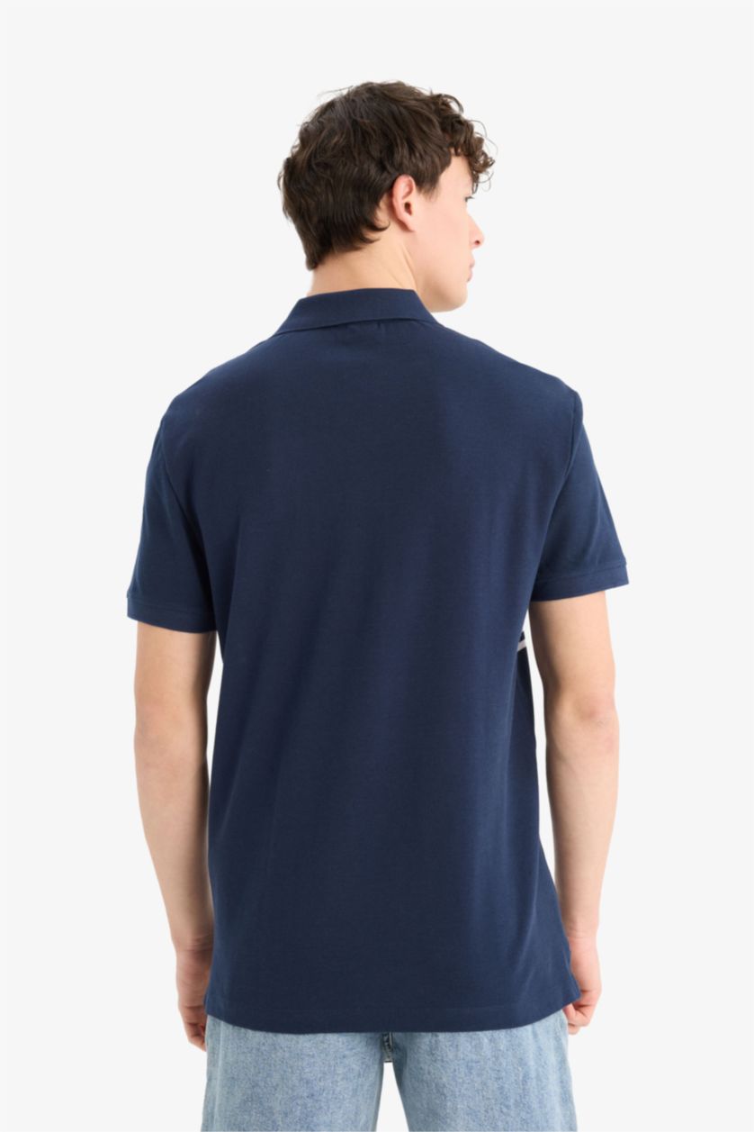 Erkek Lacivert %100 Pamuk Regular Fit Polo Yaka Kısa Kollu Çizgili Tişört