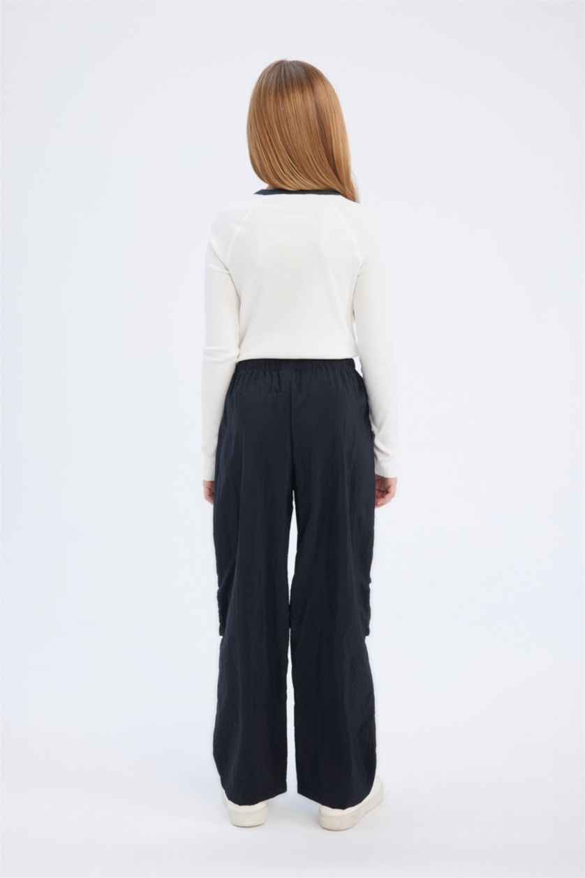 Kız Çocuk - Genç Kız Siyah Beli Lastikli Düz Paça Paraşüt Pantolon Kız Çocuk