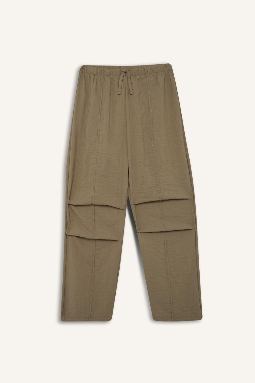 Kız Çocuk - Genç Kız Açık Haki Beli Lastikli Düz Paça Paraşüt Pantolon Kız Çocuk