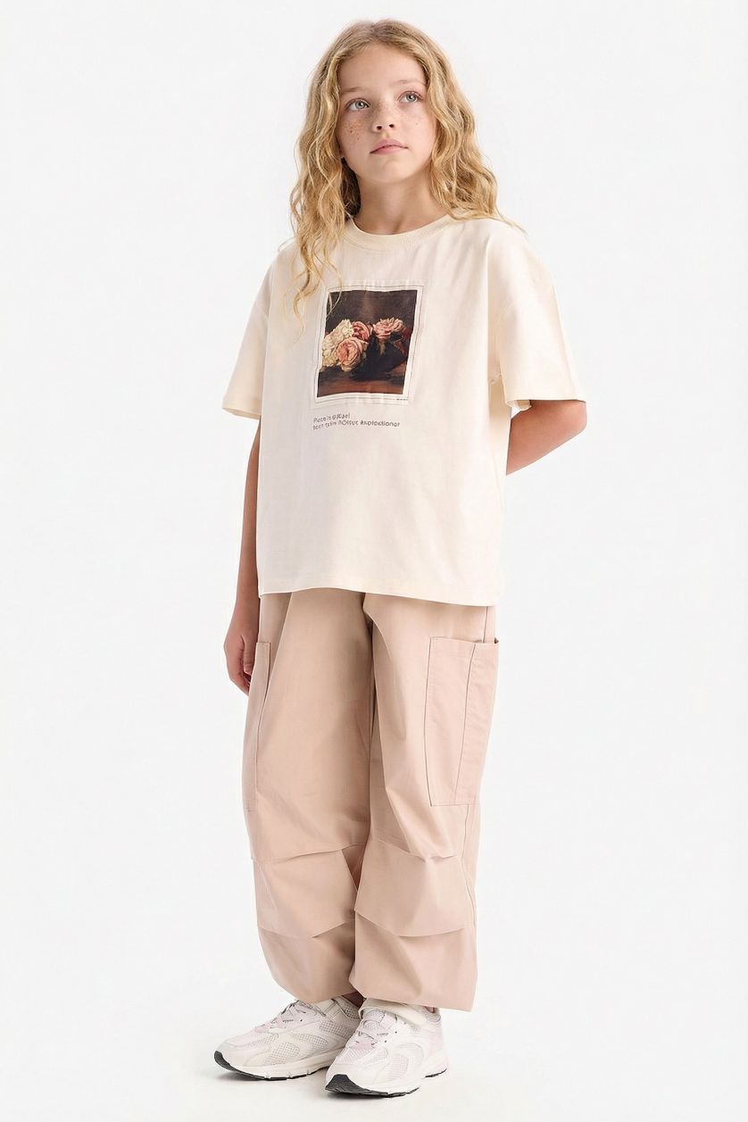 Kız Çocuk - Genç Kız Bej Paraşüt Kargo Jogger Paça Pamuklu Pantolon Kız Çocuk