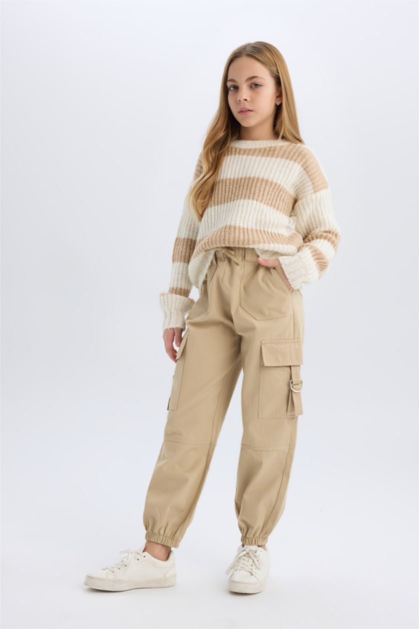 GIRLS & TEENS Beige Girl Parachute Jogger Leg Cotton Cargo Pants