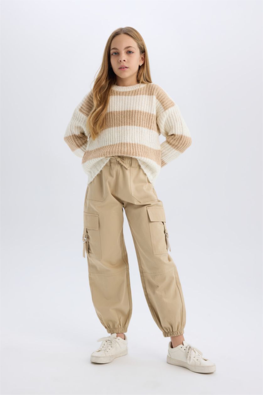 GIRLS & TEENS Beige Girl Parachute Jogger Leg Cotton Cargo Pants