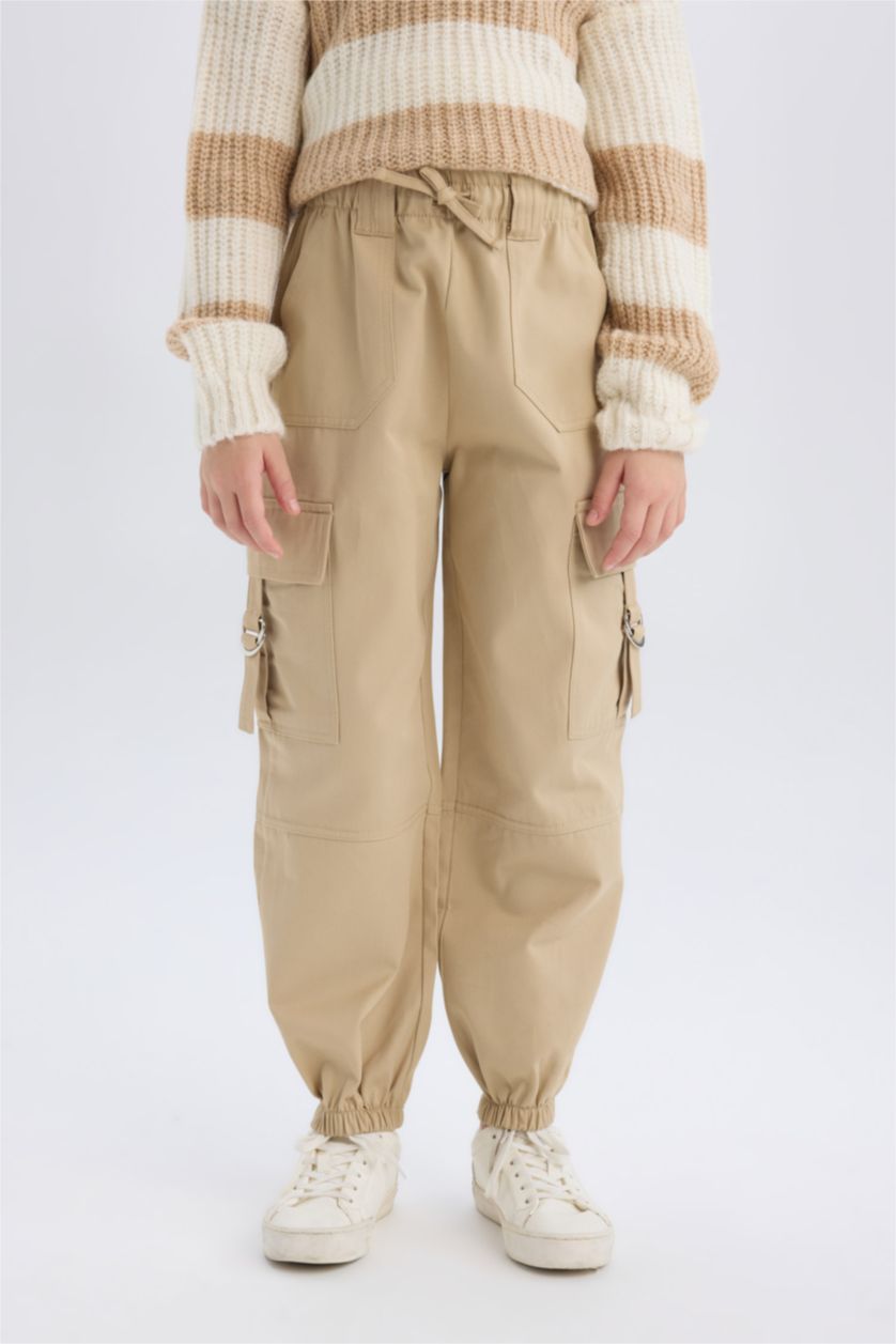 GIRLS & TEENS Beige Girl Parachute Jogger Leg Cotton Cargo Pants