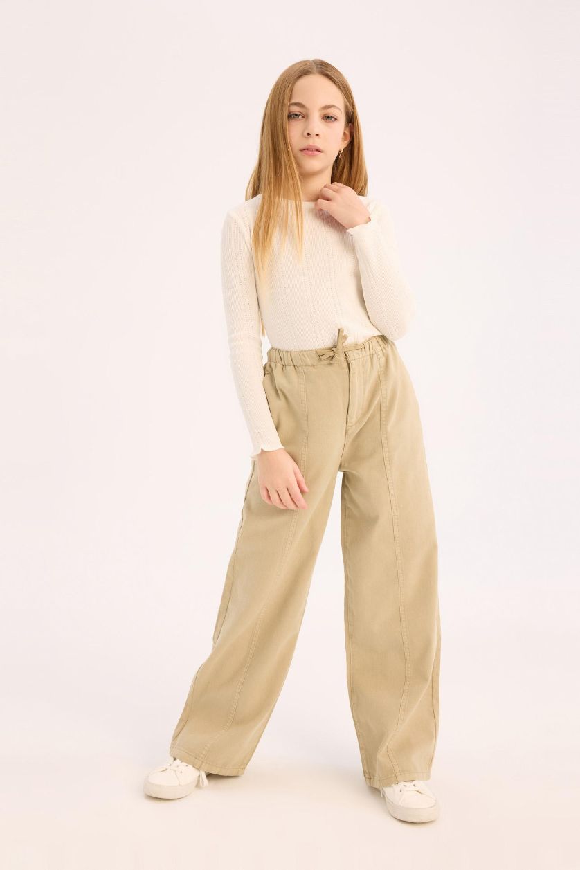 Kız Çocuk - Genç Kız Bej Wide Leg Geniş Paça Pamuklu Pantolon Kız Çocuk