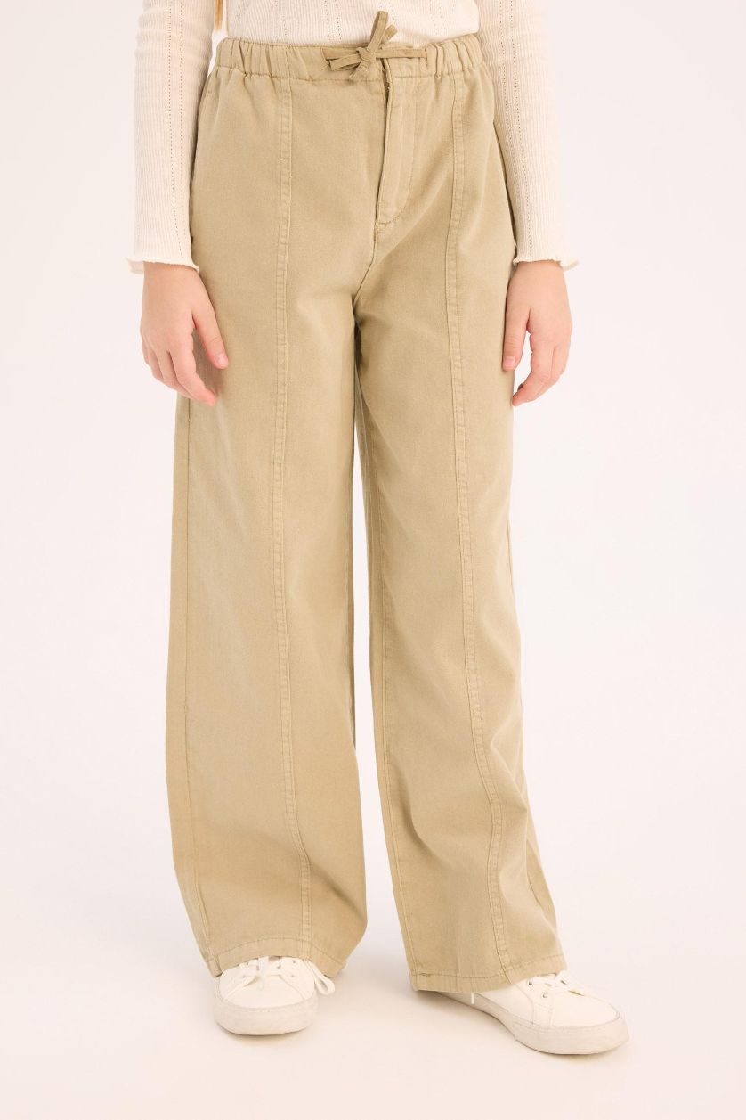 Kız Çocuk - Genç Kız Bej Wide Leg Geniş Paça Pamuklu Pantolon Kız Çocuk