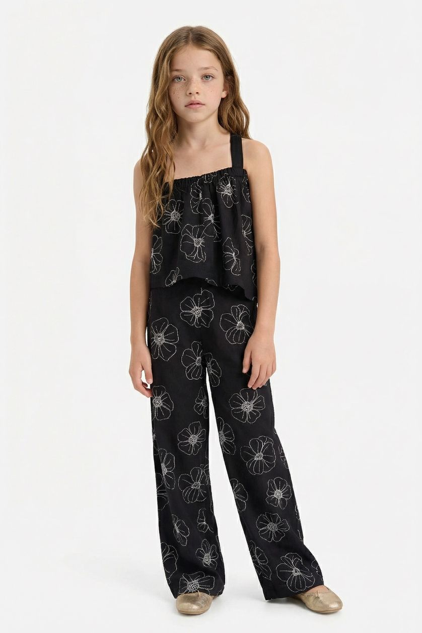 Kız Çocuk - Genç Kız Siyah Desenli Wide Leg Geniş Paça Pamuklu Pantolon Kız Çocuk