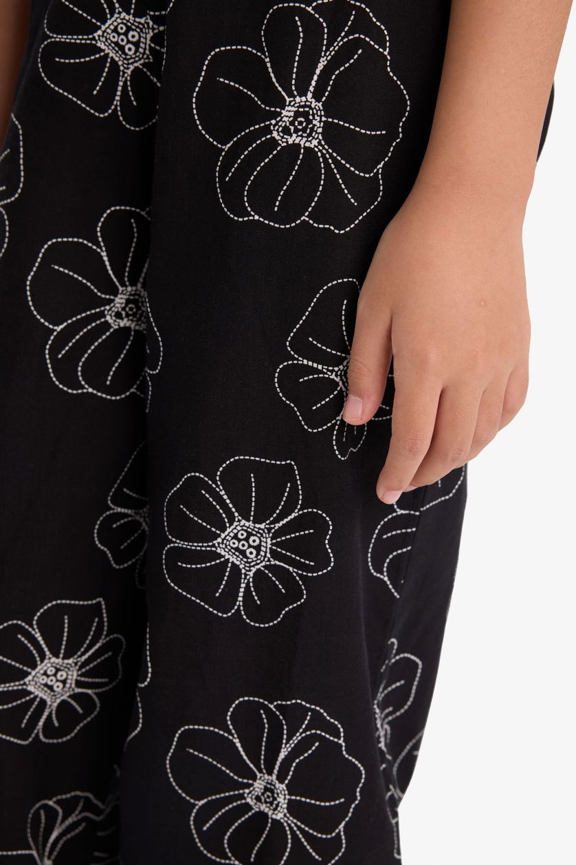 Kız Çocuk - Genç Kız Siyah Desenli Wide Leg Geniş Paça Pamuklu Pantolon Kız Çocuk