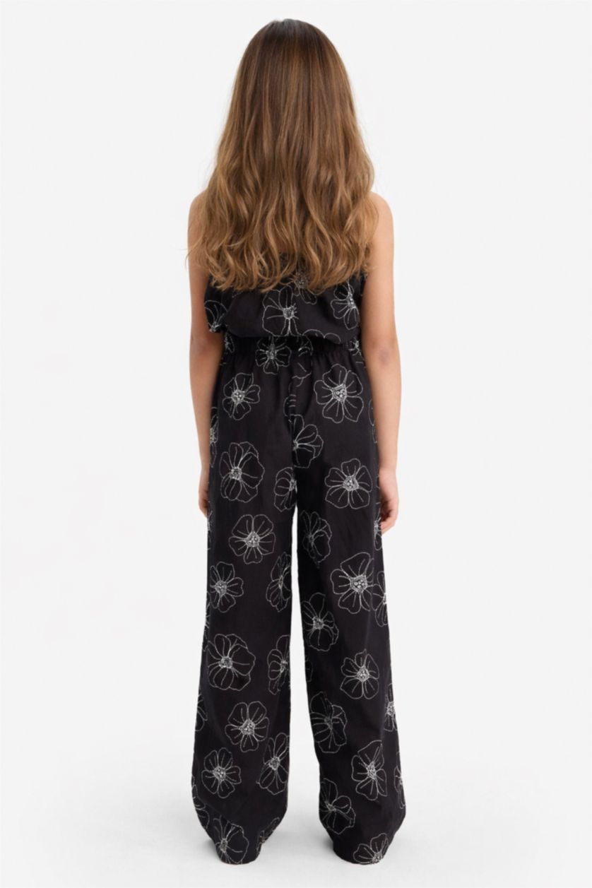 Kız Çocuk - Genç Kız Siyah Desenli Wide Leg Geniş Paça Pamuklu Pantolon Kız Çocuk