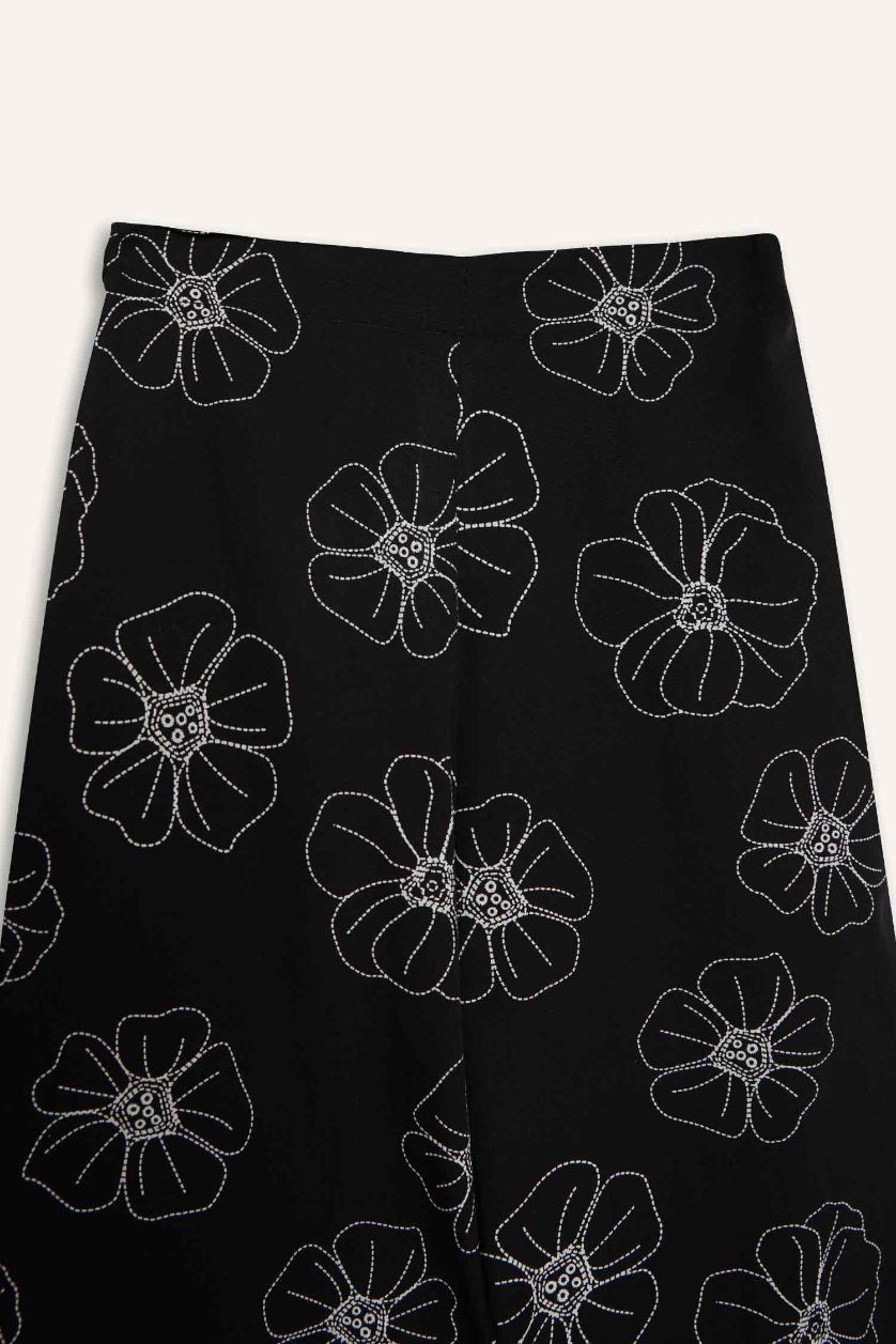 Kız Çocuk - Genç Kız Siyah Desenli Wide Leg Geniş Paça Pamuklu Pantolon Kız Çocuk