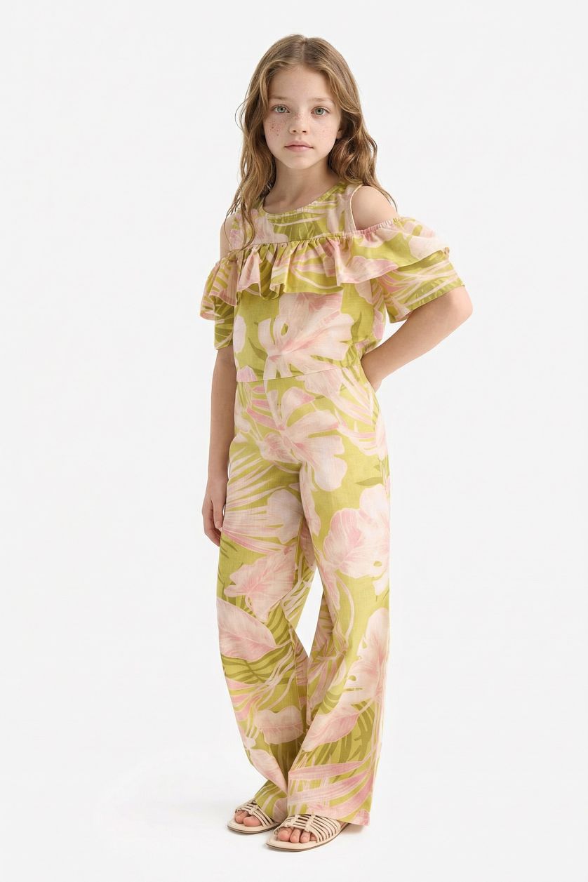 Girls & Teens Green Girl Patterned Wide Leg Cotton Trousers