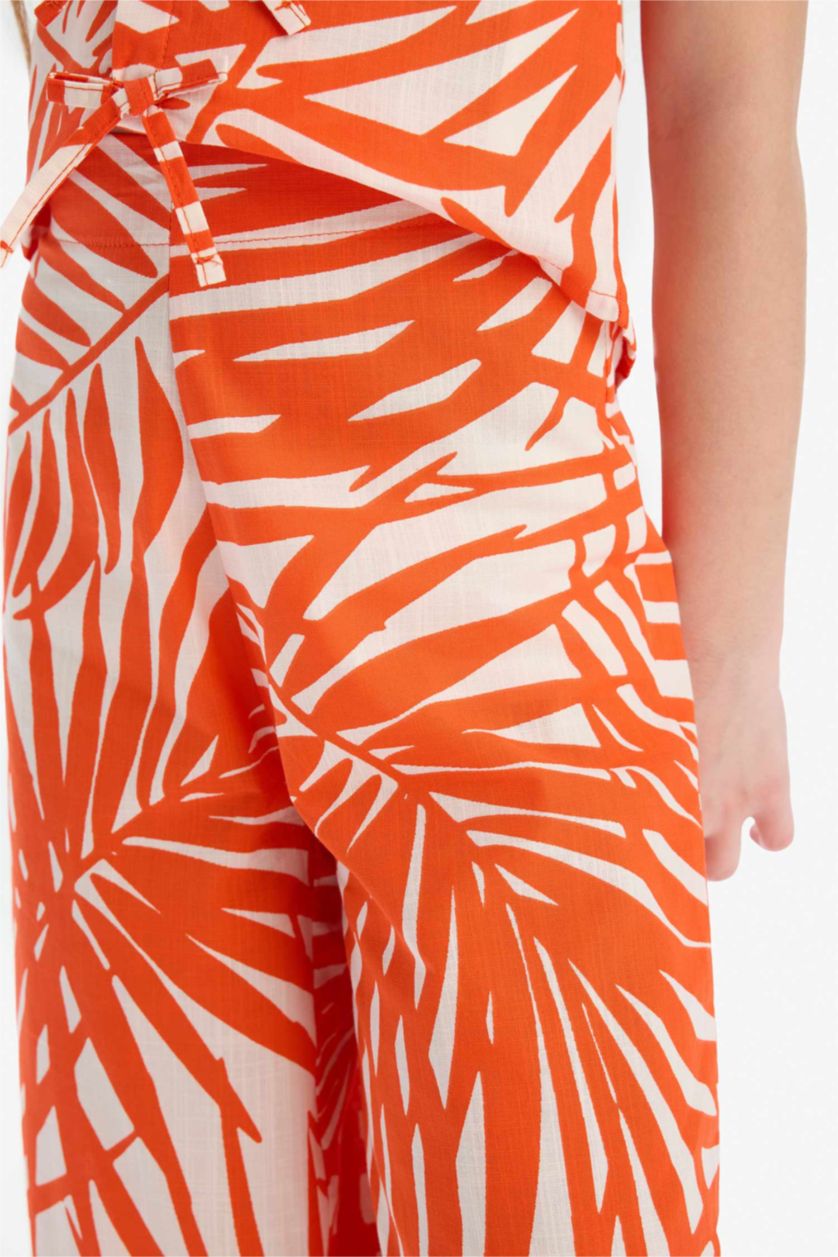 Kız Çocuk - Genç Kız Açık Kırmızı Wide Leg Geniş Paça Desenli Beli Lastikli Pamuklu Pantolon Kız Çocuk