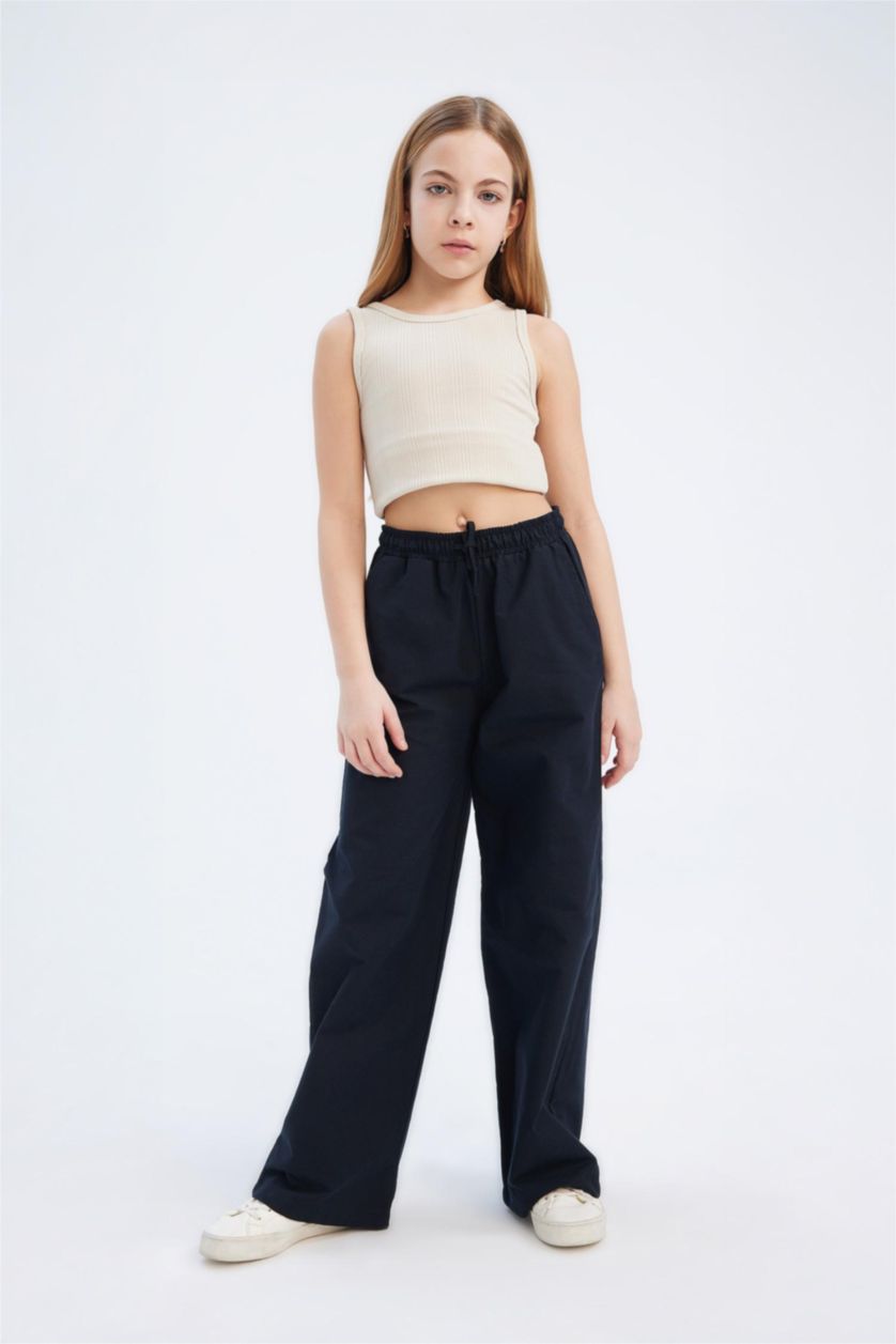 FILLES Noir Pantalon large en coton à taille élastique pour fille