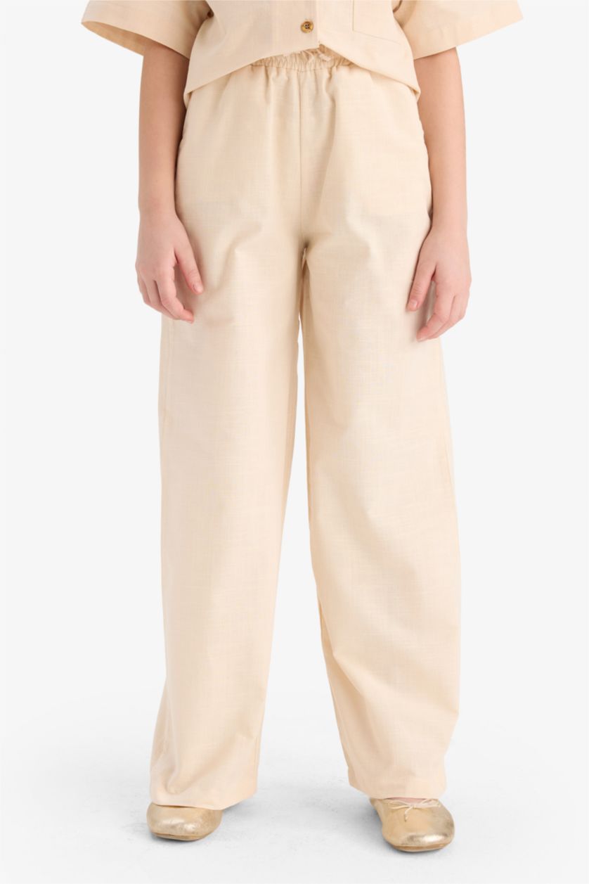 Kız Çocuk - Genç Kız Açık Taş %100 Pamuk Beli Lastikli Wide Leg Geniş Bol Paça Pamuklu Pantolon Kız Çocuk