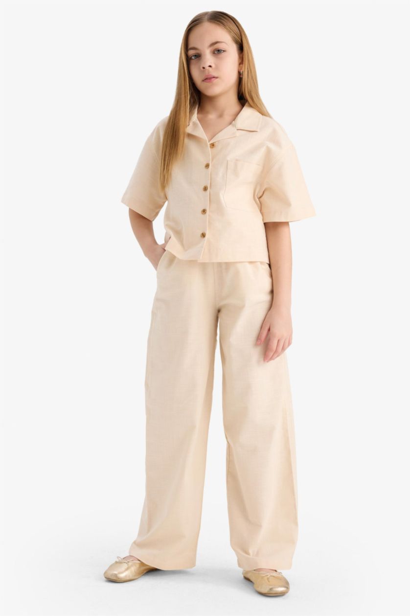 Kız Çocuk - Genç Kız Açık Taş %100 Pamuk Beli Lastikli Wide Leg Geniş Bol Paça Pamuklu Pantolon Kız Çocuk
