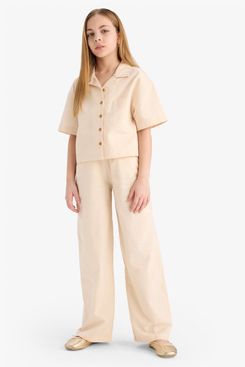 Kız Çocuk - Genç Kız Açık Taş %100 Pamuk Beli Lastikli Wide Leg Geniş Bol Paça Pamuklu Pantolon Kız Çocuk