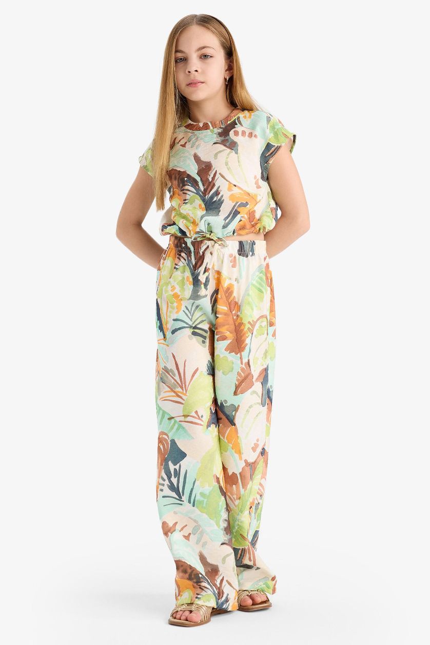 Kız Çocuk - Genç Kız Yeşil Desenli Palazzo Geniş Bol Paça Pantolon Kız Çocuk