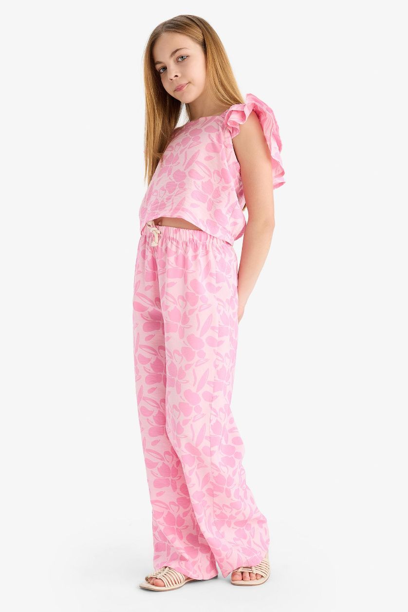 FILLES Rose Clair Pantalon palazzo large à motif fleuri pour fille