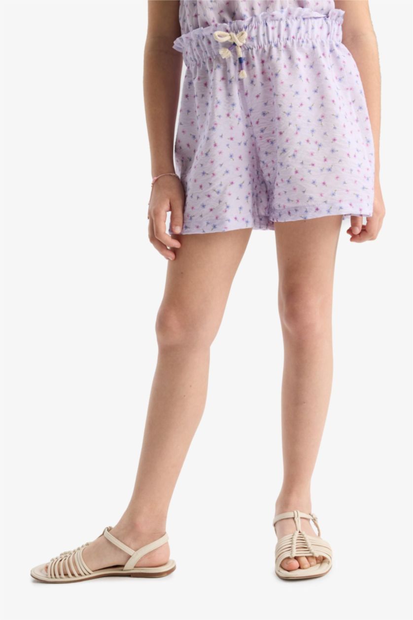 Kız Çocuk - Genç Kız Lila Beli Lastikli Desenli Şort Kız Çocuk