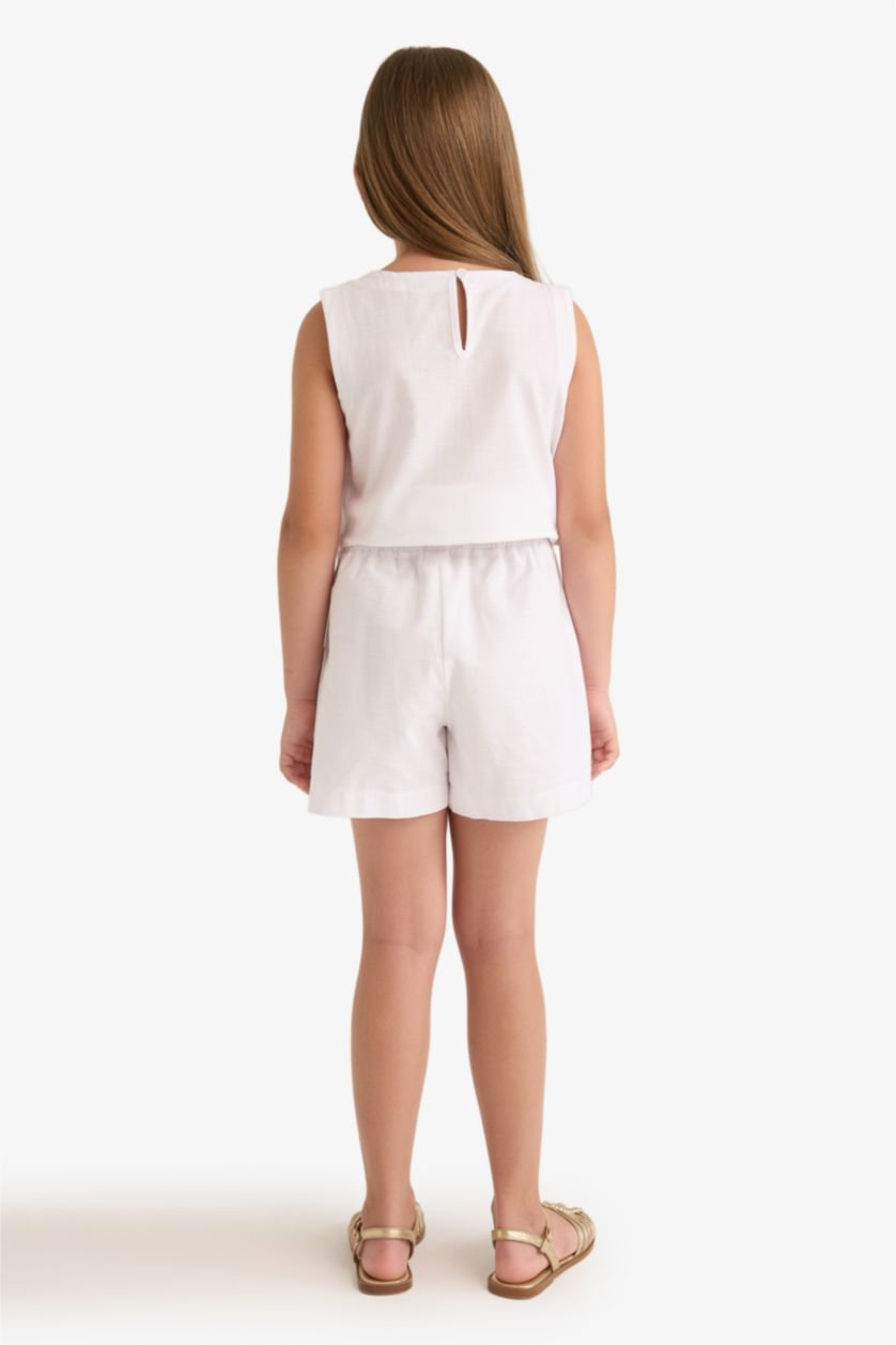 Kız Çocuk - Genç Kız Beyaz Beli Lastikli Pamuklu Şort Kız Çocuk