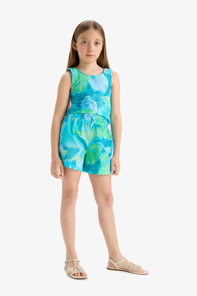 GIRLS & TEENS Blue Girl Elastic Waist Patterned Cotton Shorts