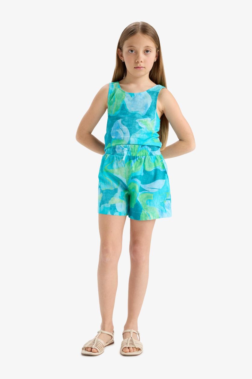 GIRLS & TEENS Blue Girl Elastic Waist Patterned Cotton Shorts