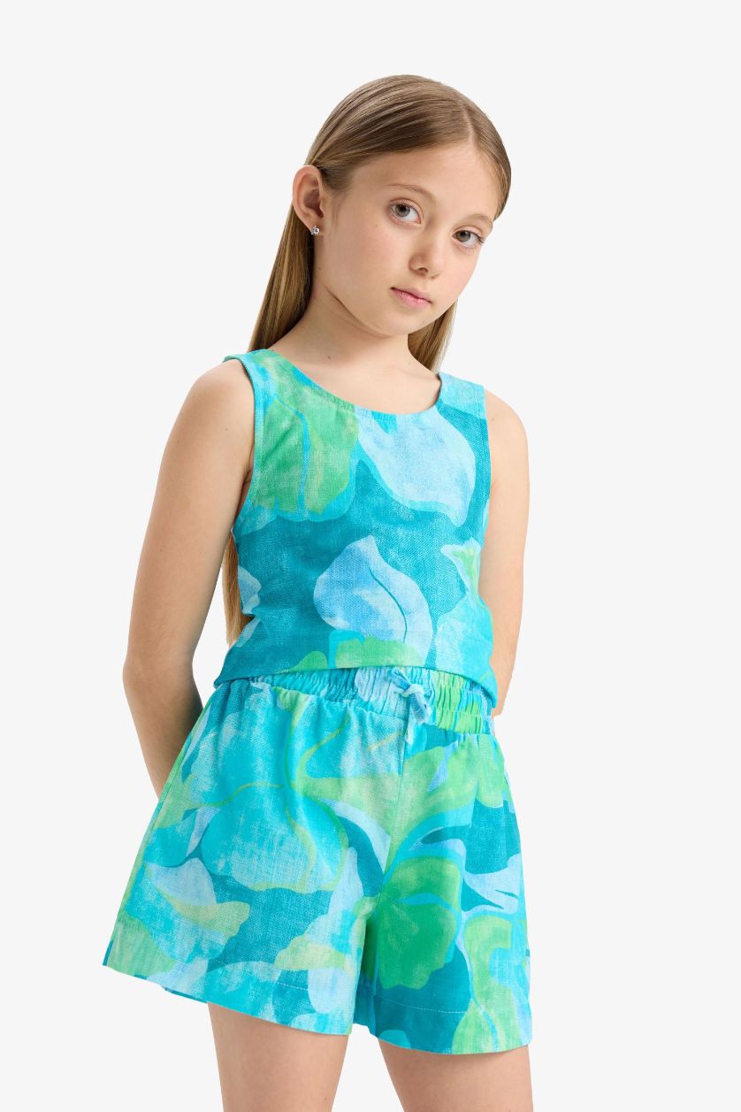 GIRLS & TEENS Blue Girl Elastic Waist Patterned Cotton Shorts