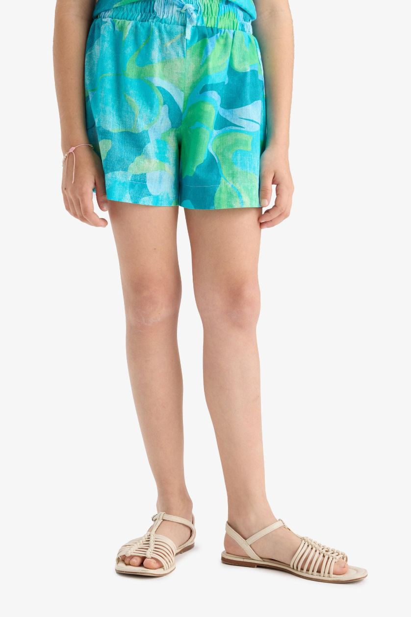 GIRLS & TEENS Blue Girl Elastic Waist Patterned Cotton Shorts