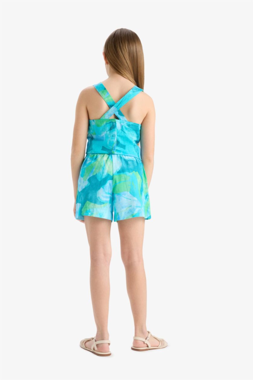 GIRLS & TEENS Blue Girl Elastic Waist Patterned Cotton Shorts