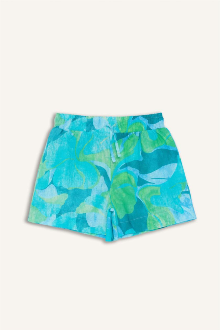 GIRLS & TEENS Blue Girl Elastic Waist Patterned Cotton Shorts