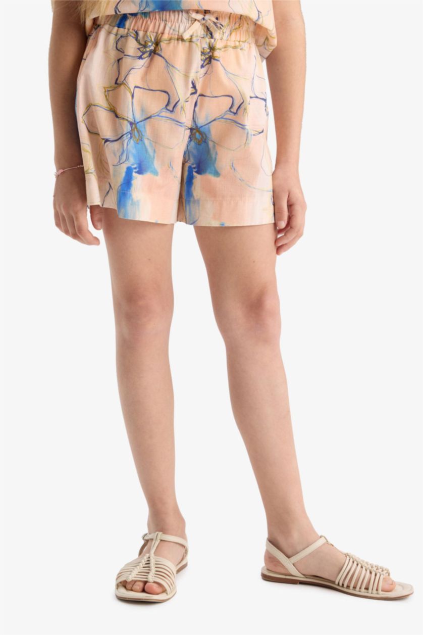 Kız Çocuk - Genç Kız Somon Beli Lastikli Desenli Pamuklu Şort Kız Çocuk