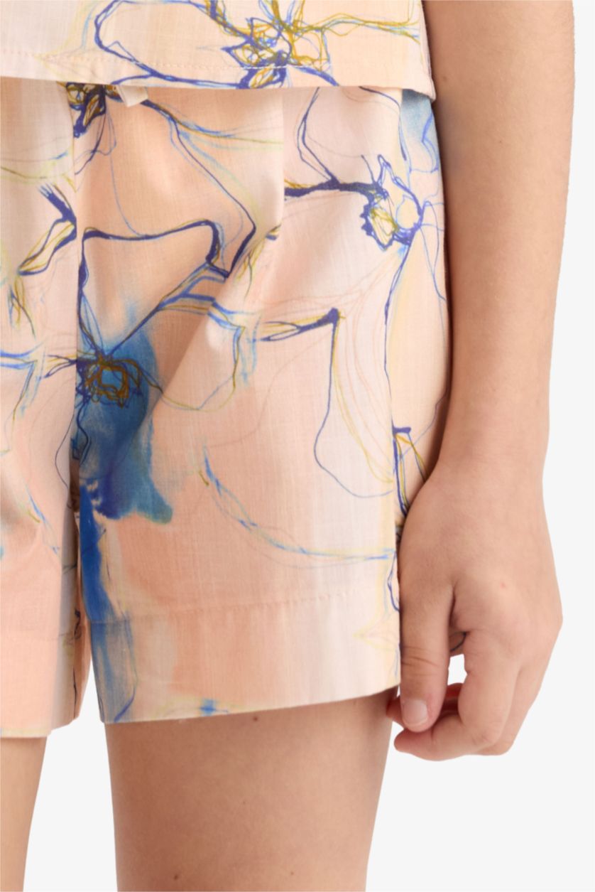 Kız Çocuk - Genç Kız Somon Beli Lastikli Desenli Pamuklu Şort Kız Çocuk