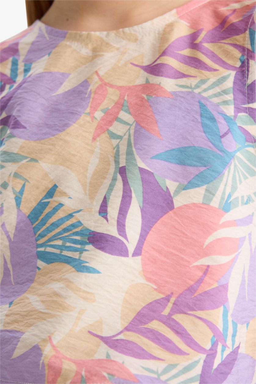 Kız Çocuk - Genç Kız Pembe Desenli Bisiklet Yaka Kolsuz Bluz Kız Çocuk