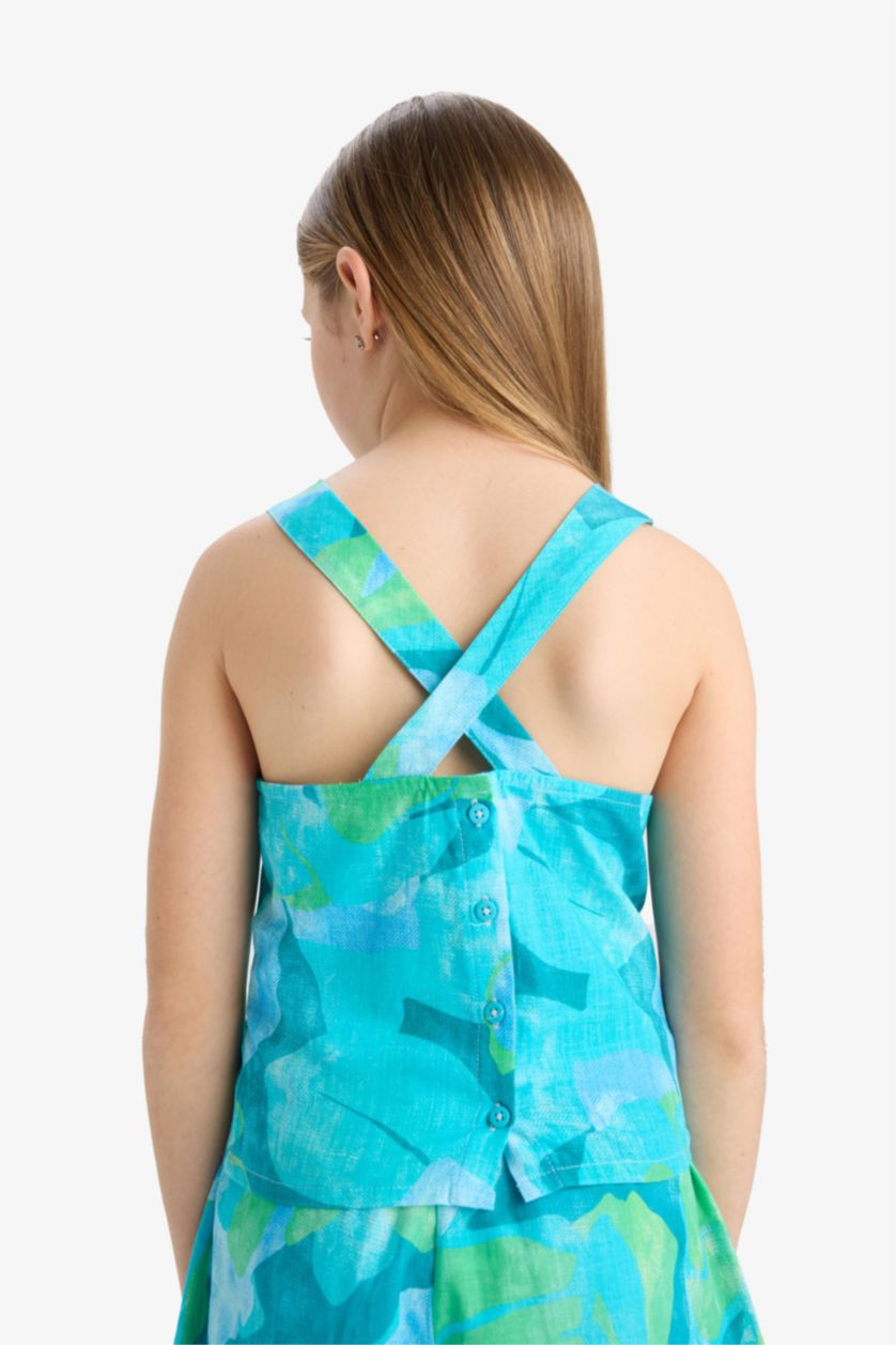 Kız Çocuk - Genç Kız Mavi Desenli Kolsuz Bluz Kız Çocuk